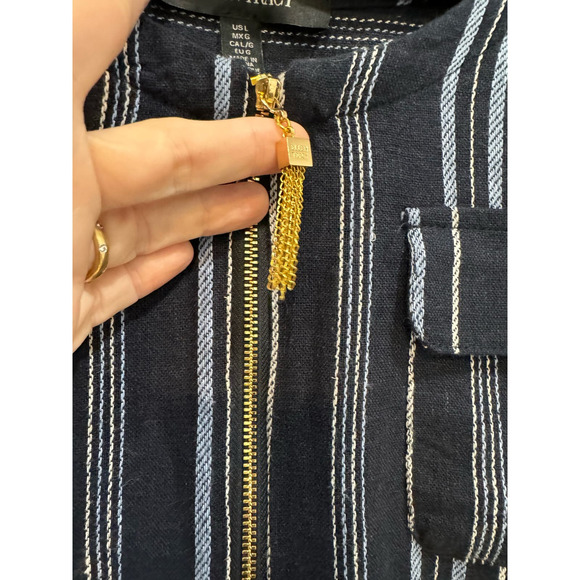 61. ELLEN TRACY $79 Navy Blue White Stripe Linen Blend Top Size L - Picture 4 of 8